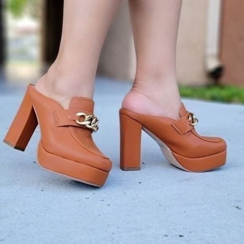 Tan Platform Heeled Mule Loafers with Gold Chain Closed Toe